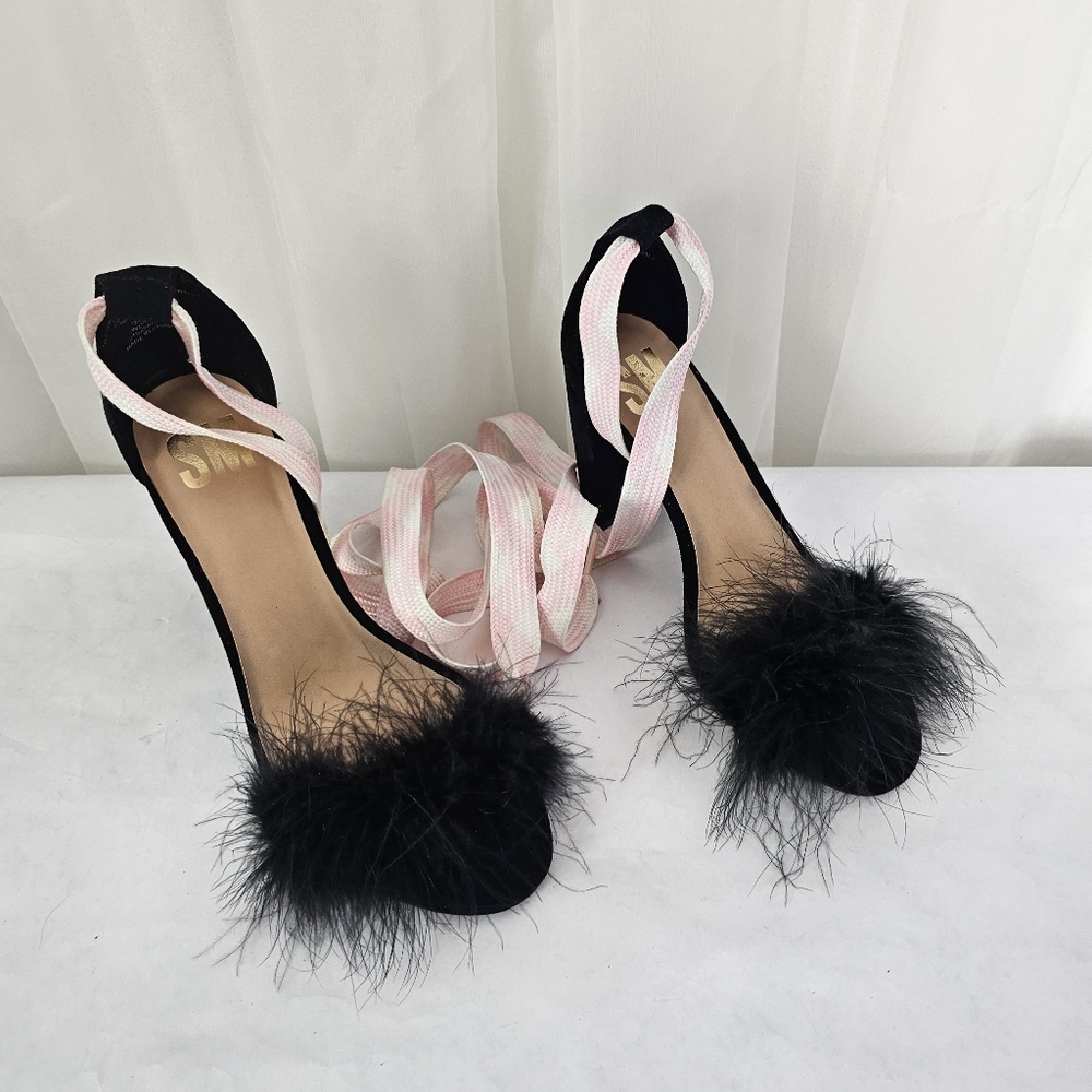 Steve Madden Qupid Feathered Heels -replacement Pink And White Lace Up Strap 8